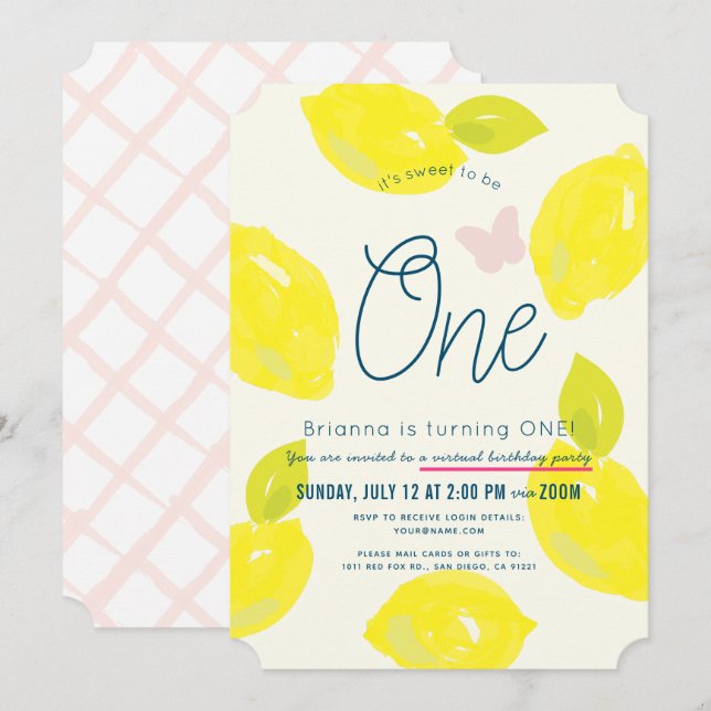 Hand Painted Lemon Girl Pink Virtual 1st Birthday Invitation (Front/Back)