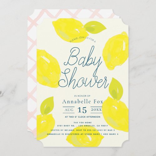 Hand Painted Lemon Pink Baby Shower Invitation