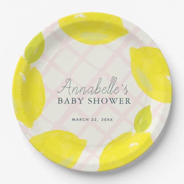 Hand-Painted Lemon Pink Baby Shower Paper Plates (Front)