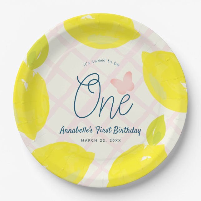 Hand Painted Lemon & Pink Check 1st Birthday Paper Plates (Front)