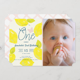 Hand Painted Lemon & Pink Check First Birthday Invitation