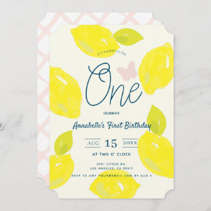Hand Painted Lemon & Pink Check First Birthday Invitation