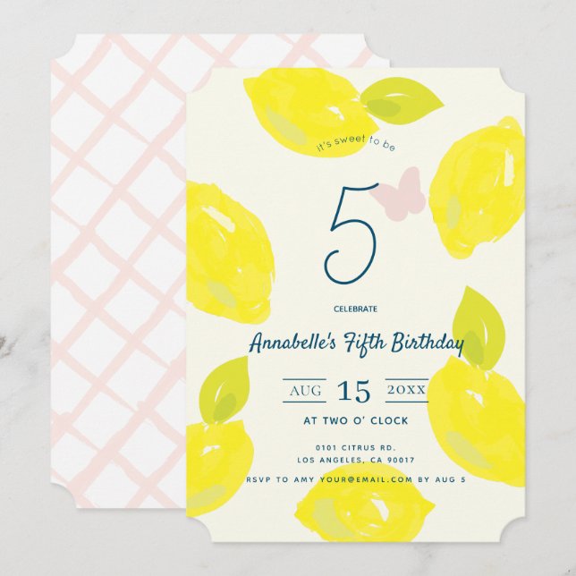 Hand Painted Lemon & Pink Check Girl Birthday Invitation (Front/Back)