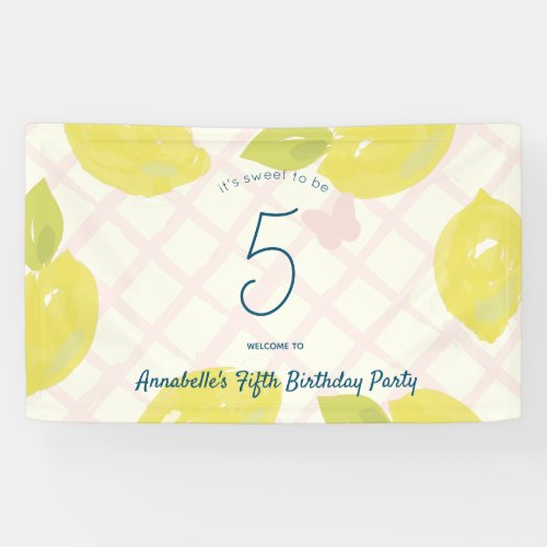 Hand Painted Lemon  Pink Check Girls Birthday Banner