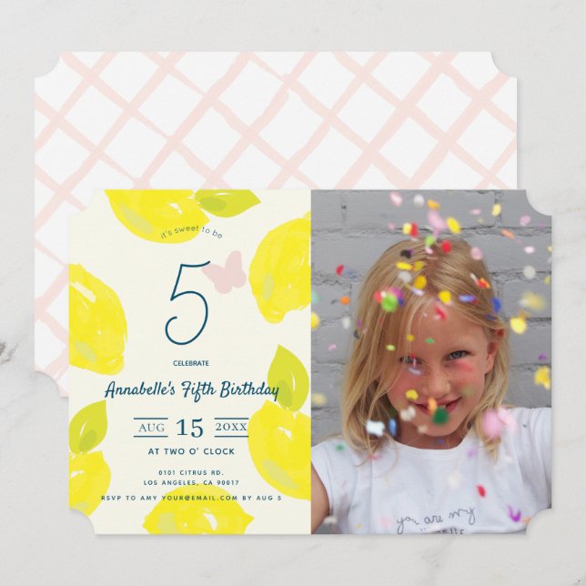 Hand Painted Lemon & Pink Check Photo Birthday Invitation (Front/Back)