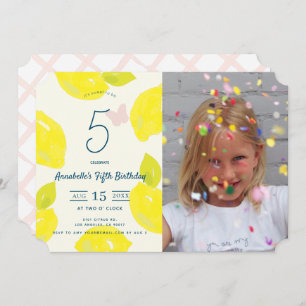 Hand Painted Lemon & Pink Check Photo Birthday Invitation
