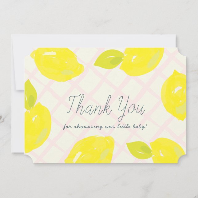 Hand-Painted Lemon Pink Checks Baby Shower Thank You Card (Front)