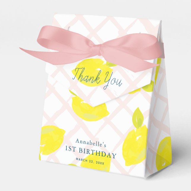 Hand Painted Lemon Pink Girl Birthday Thank You Favor Boxes (Front Side)