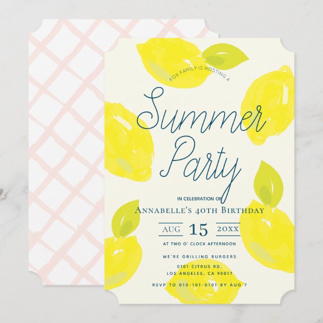 Hand Painted Lemon Pink Summer Birthday Invitation (Front/Back)