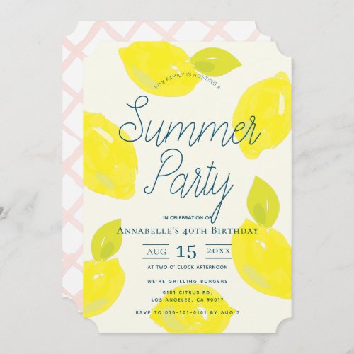 Hand Painted Lemon Pink Summer Birthday Invitation