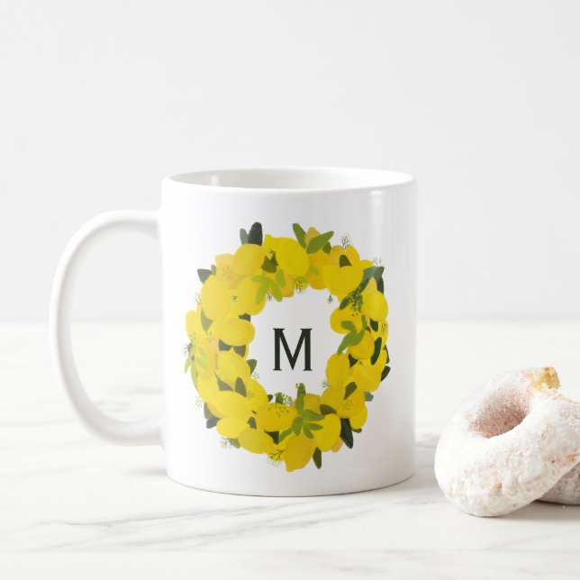 Hand Painted Lemon Wreath Monogram Mug (With Donut)