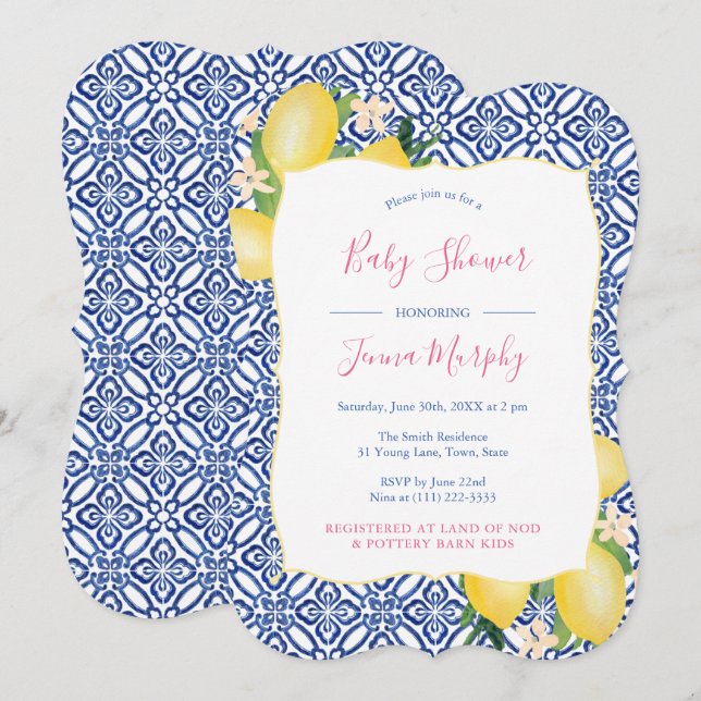 Hand Painted Lemons Cobalt Blue White Baby Shower Invitation (Front/Back)