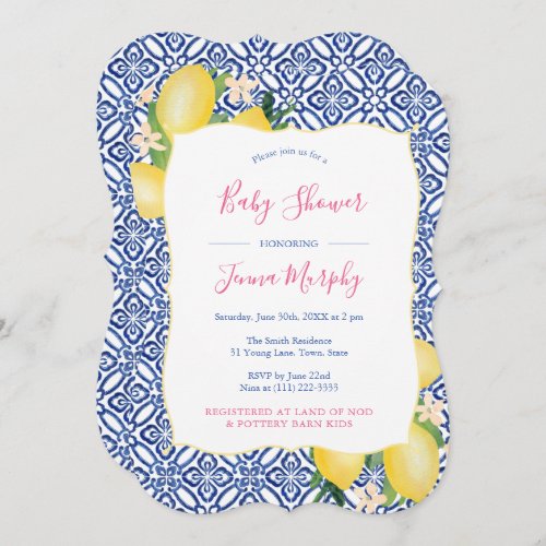 Hand Painted Lemons Cobalt Blue White Baby Shower Invitation - This Baby Shower / any event invitation design combines handpainted watercolor lemons and glossy green leaves with a background of vintage azulejos (blue and white tiles).