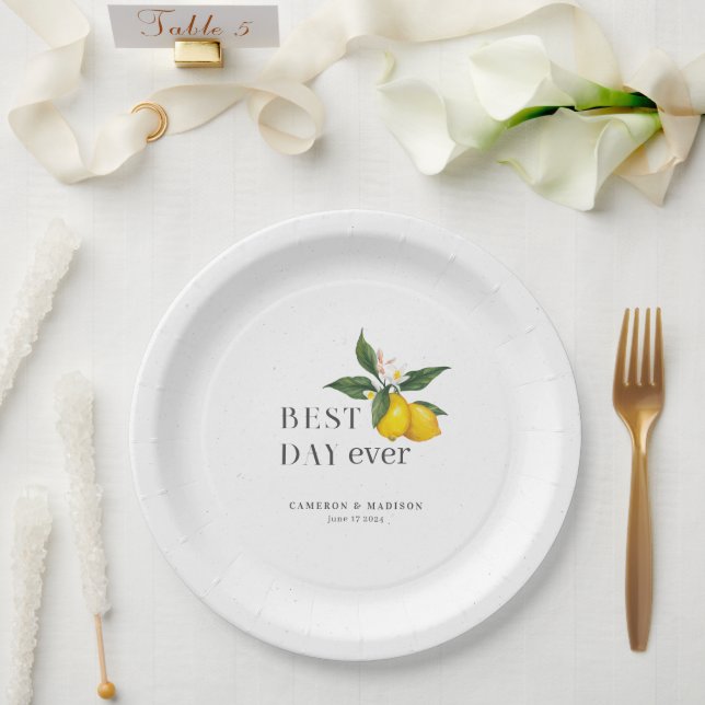 Hand-Painted Lemons With Flower Wedding Paper Plates (Wedding)