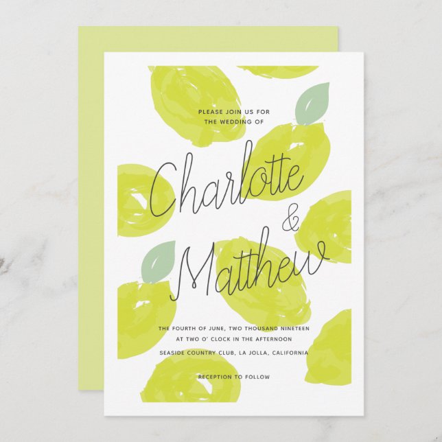 Hand Painted Lime Citrus Wedding Invitation (Front/Back)