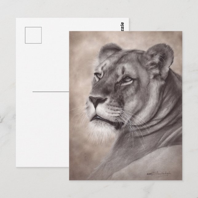 Hand Painted Lioness Wildlife Art Postcard (Front/Back)