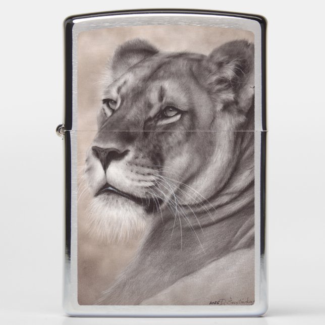 Hand Painted Lioness Wildlife Art Zippo Lighter (Front)