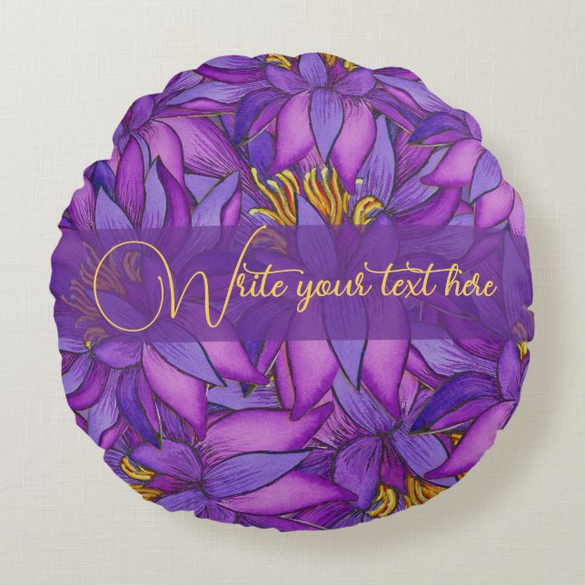 Hand-Painted Lotus Flower Round Pillow (Front)
