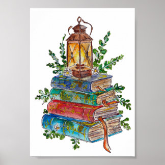 Hand Painted Magical Books Lantern Watercolor Poster