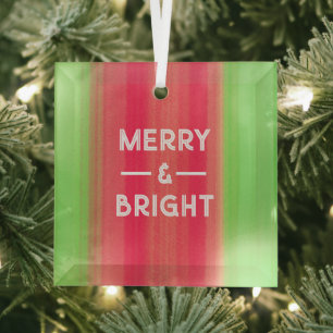 Hand Painted Merry and Bright Green and Red Glass Ornament