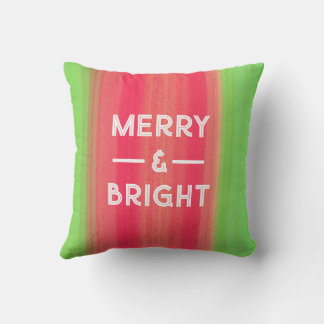 Hand Painted Merry and Bright Green and Red Throw Pillow