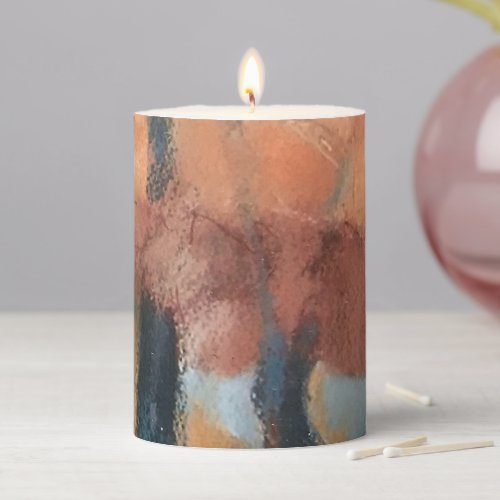 Hand painted modern orange terracotta gray trees pillar candle