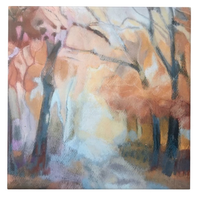 Hand painted modern orange yellow brown trees  ceramic tile (Front)