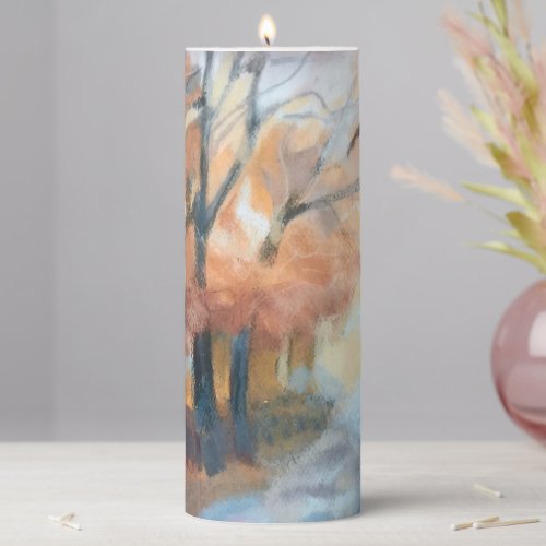 Hand painted modern orange yellow brown trees  pillar candle