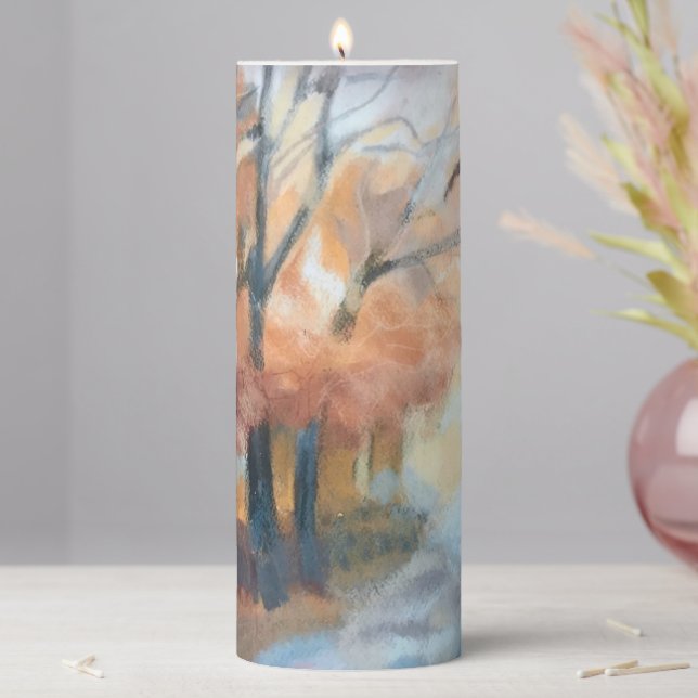Hand painted modern orange yellow brown trees  pillar candle (In Situ)