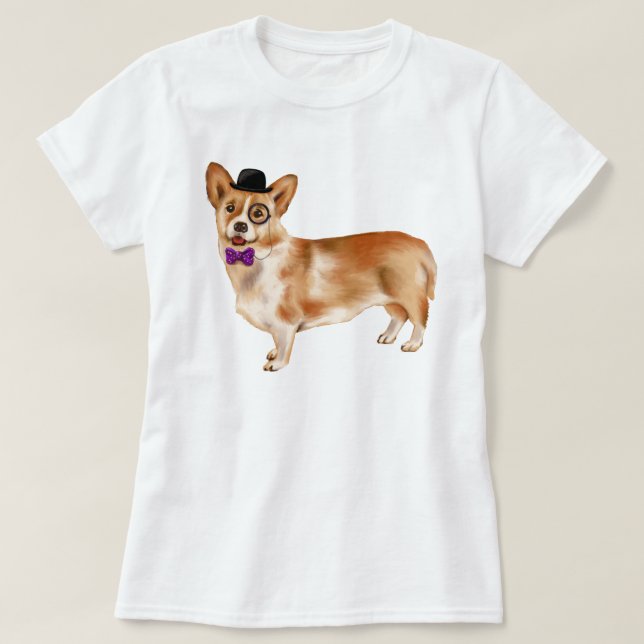Hand-painted Monocled Corgi Puppy Dog T-Shirt (Design Front)