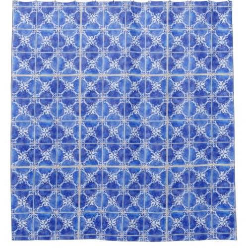 Hand Painted Moroccan Vintage Blue White Tile Shower Curtain