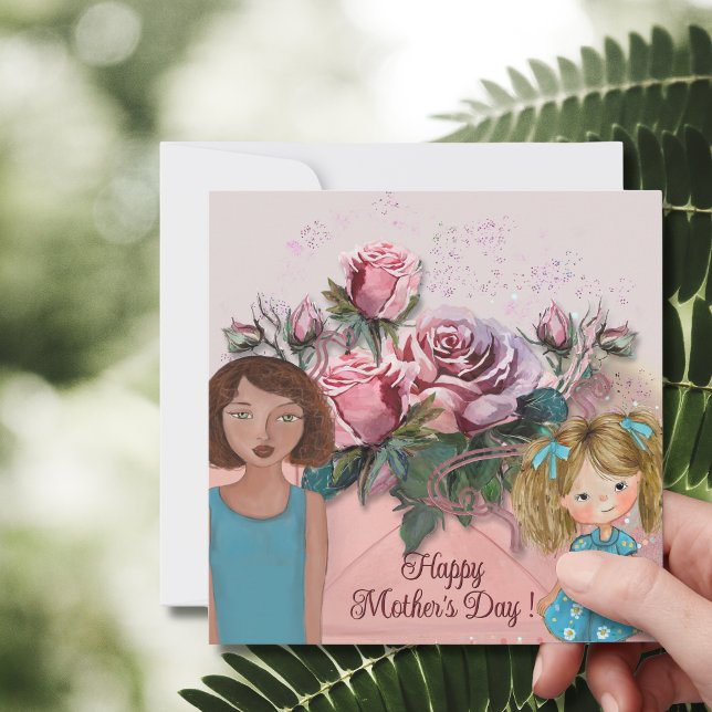 Hand Painted Mother's Day Rose Art Holiday Card (Mother, Daughter & Roses | Happy Mother's Day Holiday Card)