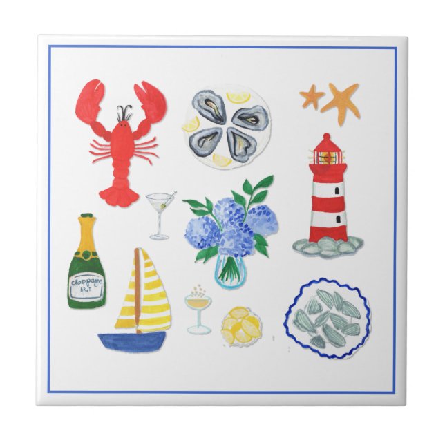 Hand Painted Nantucket Themed Ceramic Tile (Front)