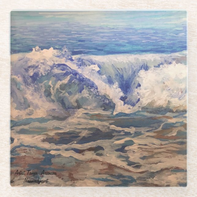  Hand Painted Ocean Blues Glass Coaster (Front)