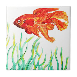 Hand Painted Orange Goldfish Ceramic Tile