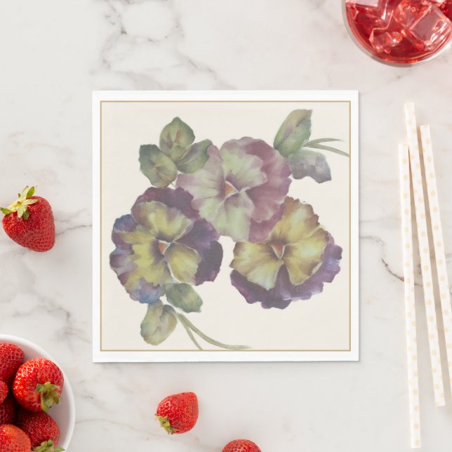 Hand-Painted Pansy Cocktail Napkins with Antique-G (Insitu)