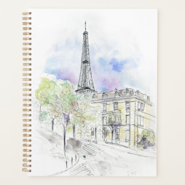 Hand painted Paris Eiffel Tower street corner ink  Planner (Front)