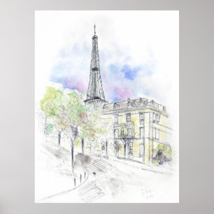 Hand painted Paris Eiffel Tower street corner ink Poster