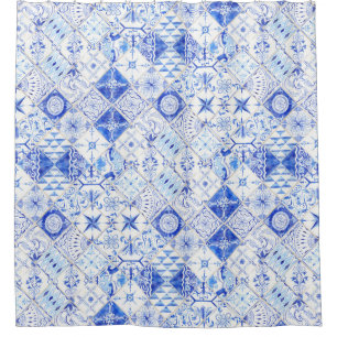 Hand Painted Patchwork Blue White Tile Pattern Shower Curtain