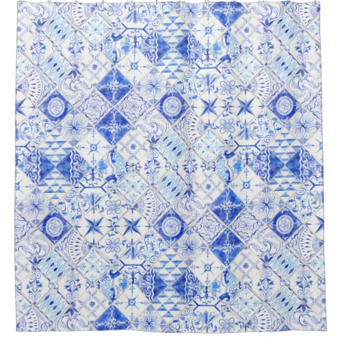 Hand Painted Patchwork Blue White Tile Pattern Shower Curtain