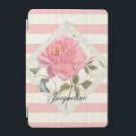 Hand Painted Peony Pink Striped w Blue Butterfly iPad Mini Cover<br><div class="desc">Exquisitely detailed, elegant pink peony flower with a cute blue butterfly in a vintage style is actually hand painted artwork by Audrey Jeanne. Pretty, colorful, sweetly feminine with your name personalized in a script handwriting font. An antique parchment like background with swirls, scrolls, handwriting and a border of New Orleans...</div>