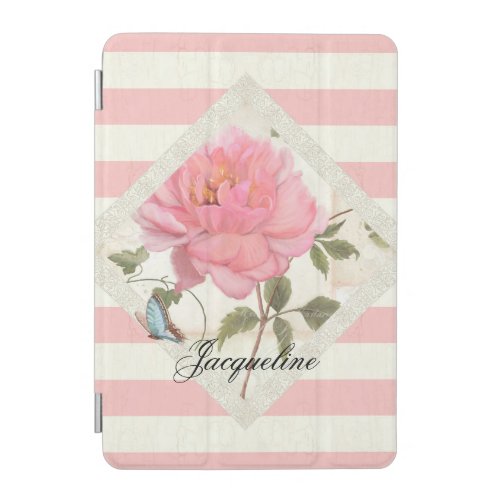 Hand Painted Peony Pink Striped w Blue Butterfly iPad Mini Cover