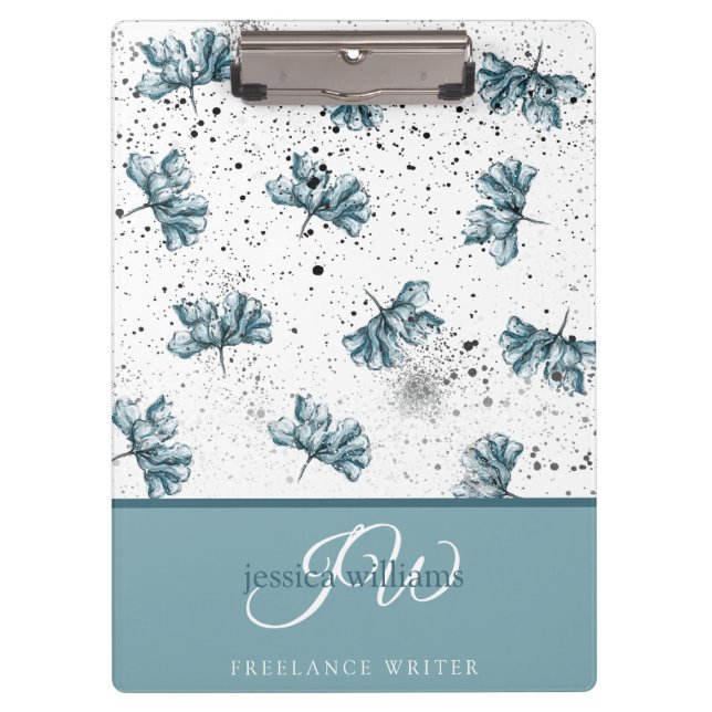 Hand painted personalized blue Floral Clipboard (Front)