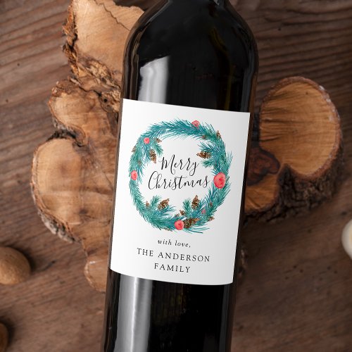 Hand_Painted Pine Wreath Holiday Wine Label