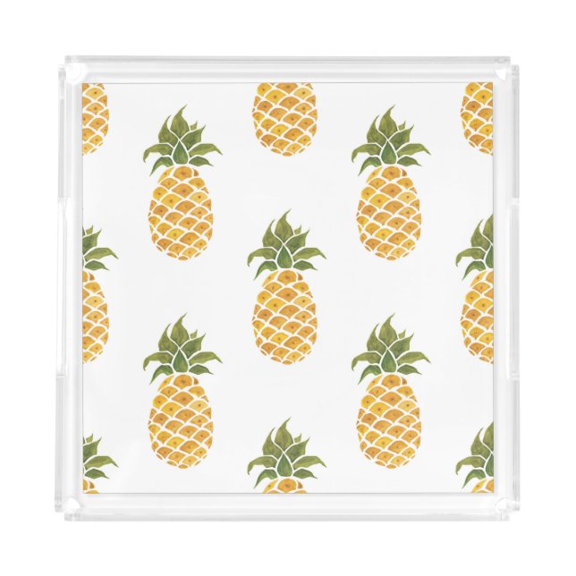 Hand-painted pineapples, watercolor background. acrylic tray (Front)