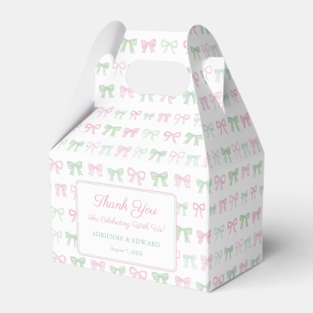 Hand Painted Pink And Green Bows Baby Girl Shower Favor Boxes (Front Side)