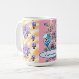 Hand Painted Pink Blue Budgie floral birds Mug