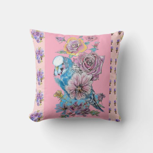 Hand Painted Pink Blue Budgie floral decor Cushion