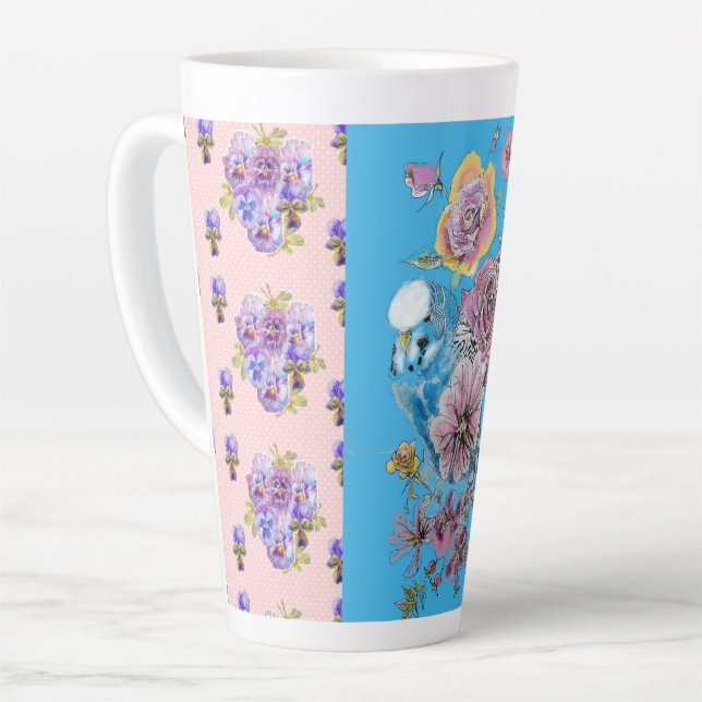 Hand Painted Pink Blue Budgie floral Latte Mug (Left Angle)