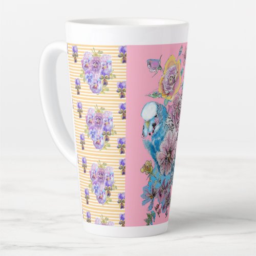 Hand Painted Pink Blue Budgie floral Latte Mug